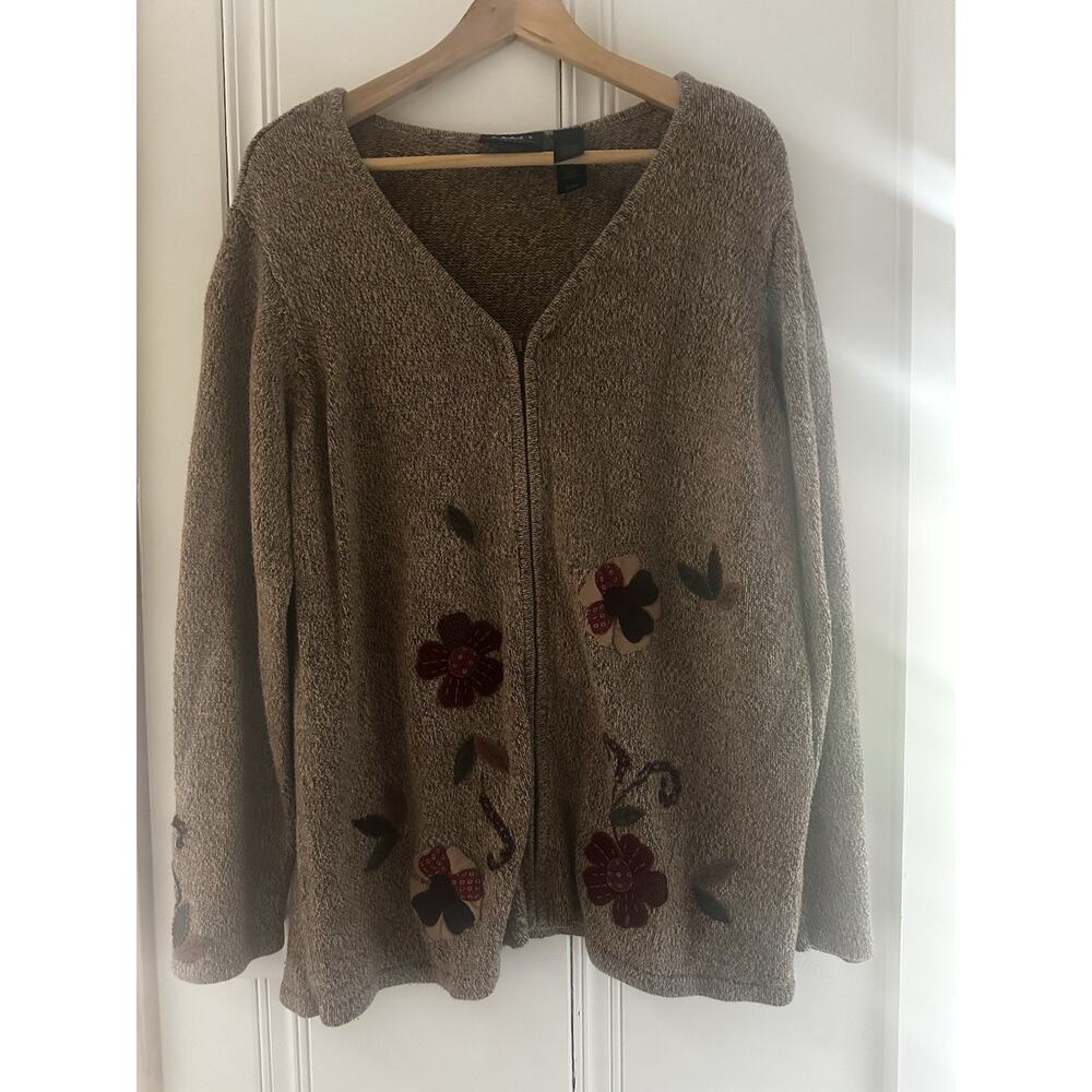 VTG Crazy Horse Liz Claiborne Silk Blend Floral Appliqué Cardigan Sweater Size 1